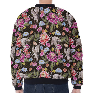 Asian Crane Bird Pattern Print Zip Sleeve Bomber Jacket