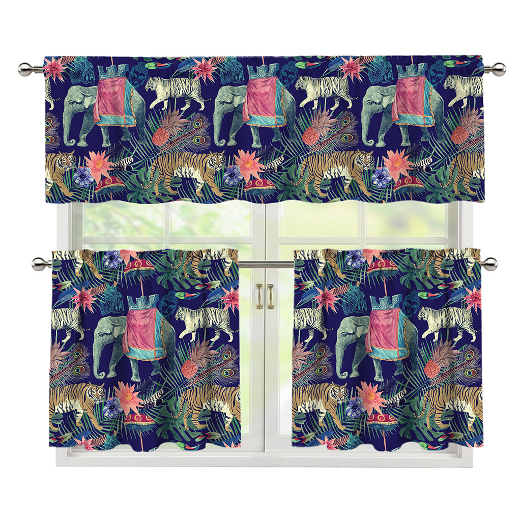 Asian Elephant And Tiger Print 3 Piece Kitchen Curtains