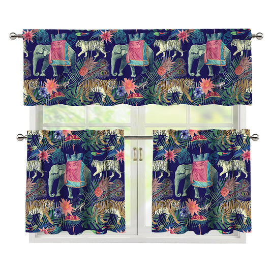 Asian Elephant And Tiger Print 3 Piece Kitchen Curtains