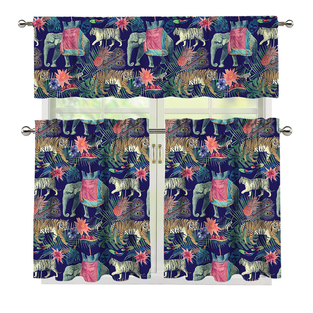 Asian Elephant And Tiger Print 3 Piece Kitchen Curtains