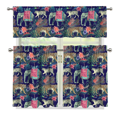 Asian Elephant And Tiger Print 3 Piece Kitchen Curtains