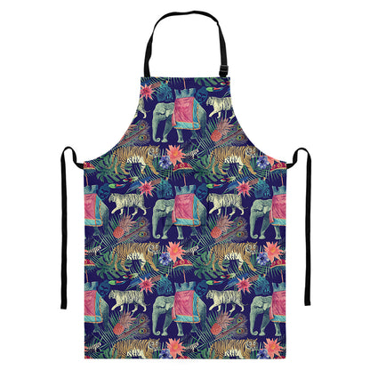 Asian Elephant And Tiger Print Bib Apron With Pocket