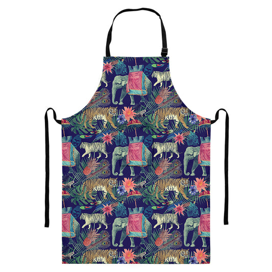 Asian Elephant And Tiger Print Bib Apron With Pocket