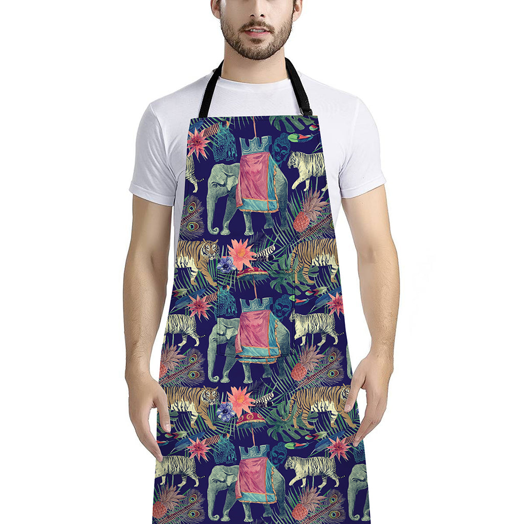 Asian Elephant And Tiger Print Bib Apron With Pocket