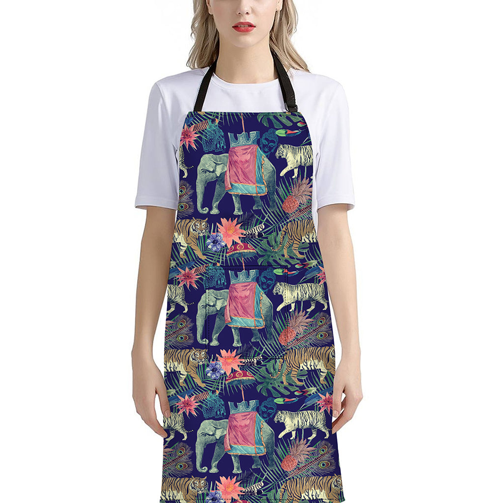 Asian Elephant And Tiger Print Bib Apron With Pocket