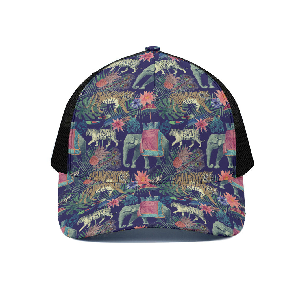 Asian Elephant And Tiger Print Black Mesh Trucker Cap