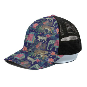 Asian Elephant And Tiger Print Black Mesh Trucker Cap