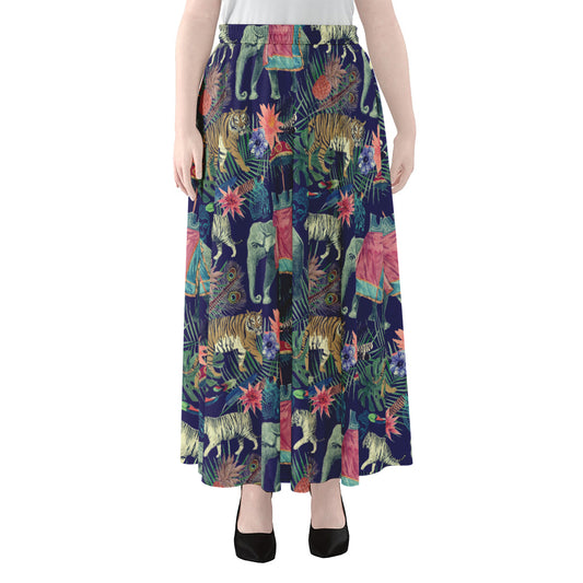 Asian Elephant And Tiger Print Chiffon Maxi Skirt