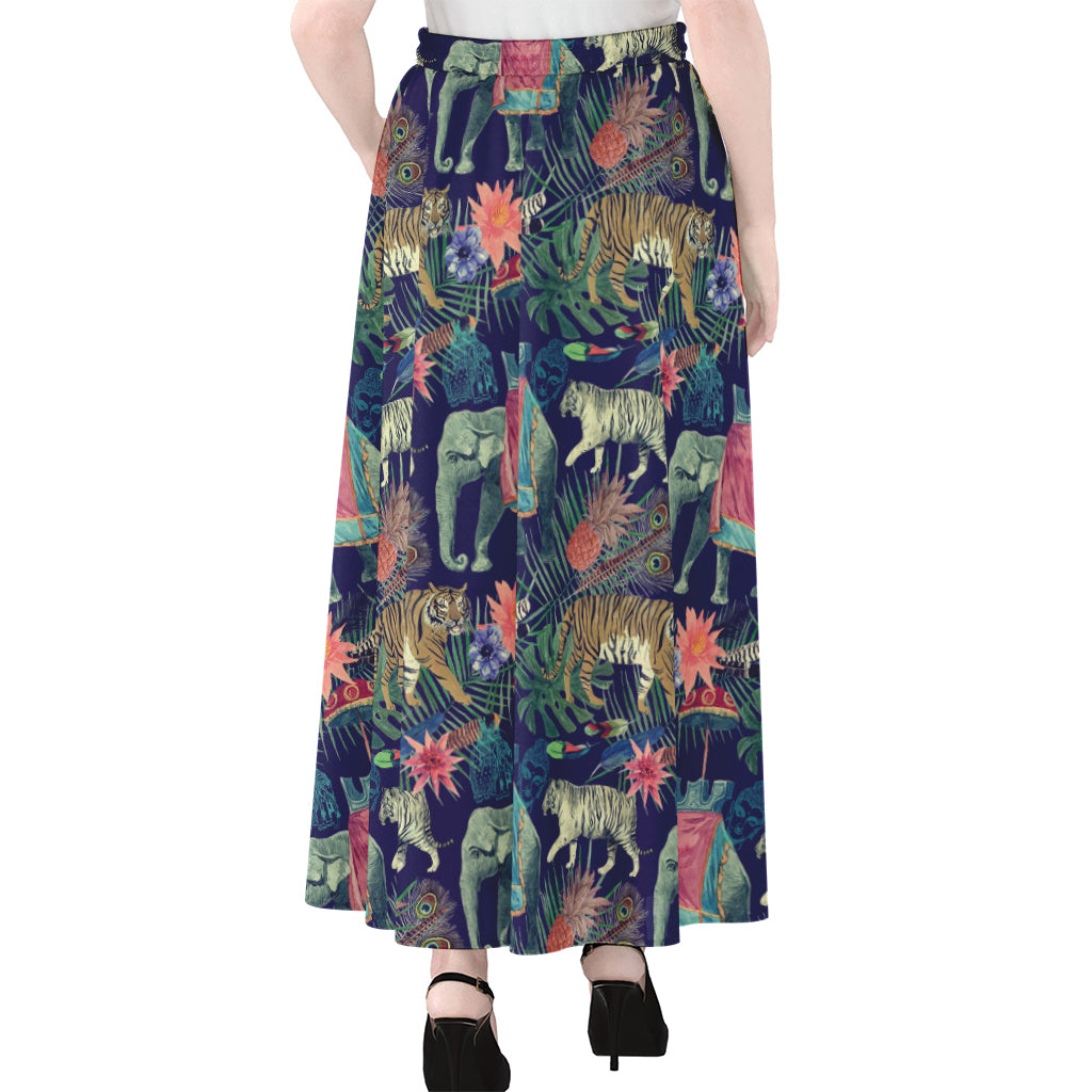 Asian Elephant And Tiger Print Chiffon Maxi Skirt