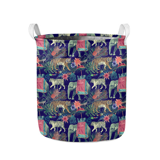 Asian Elephant And Tiger Print Collapsible Laundry Basket
