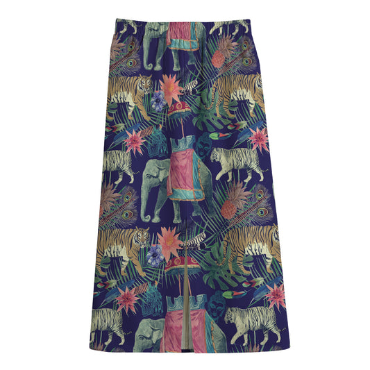 Asian Elephant And Tiger Print Cotton Front Slit Maxi Skirt