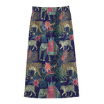 Asian Elephant And Tiger Print Cotton Front Slit Maxi Skirt