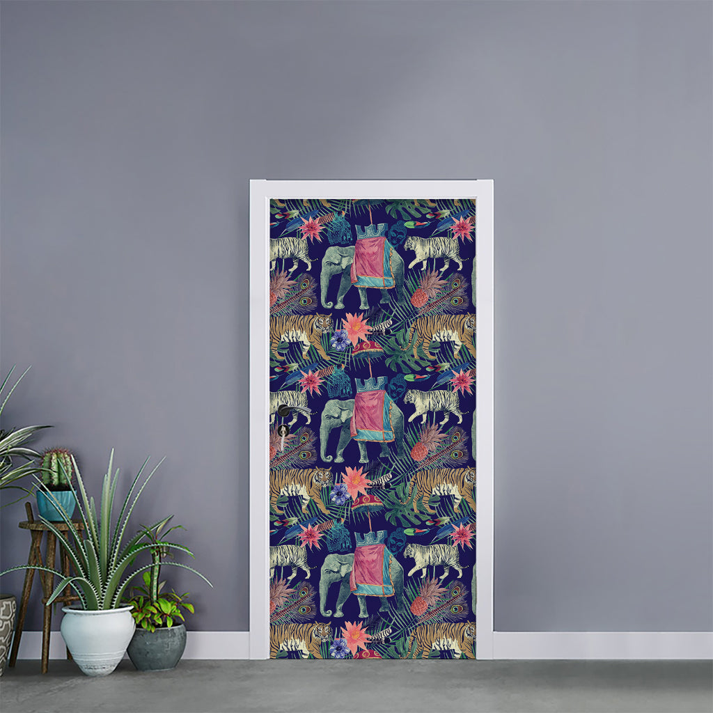 Asian Elephant And Tiger Print Door Sticker