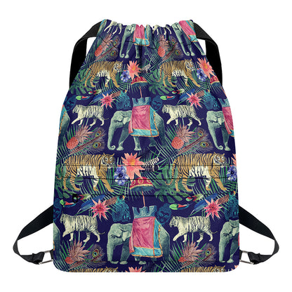 Asian Elephant And Tiger Print Drawstring Backpack