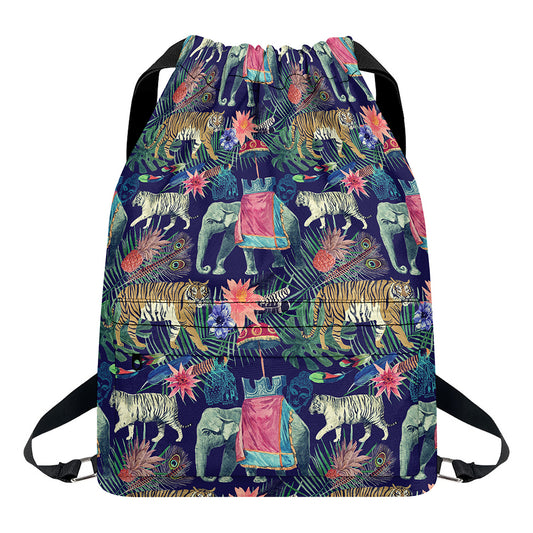 Asian Elephant And Tiger Print Drawstring Backpack