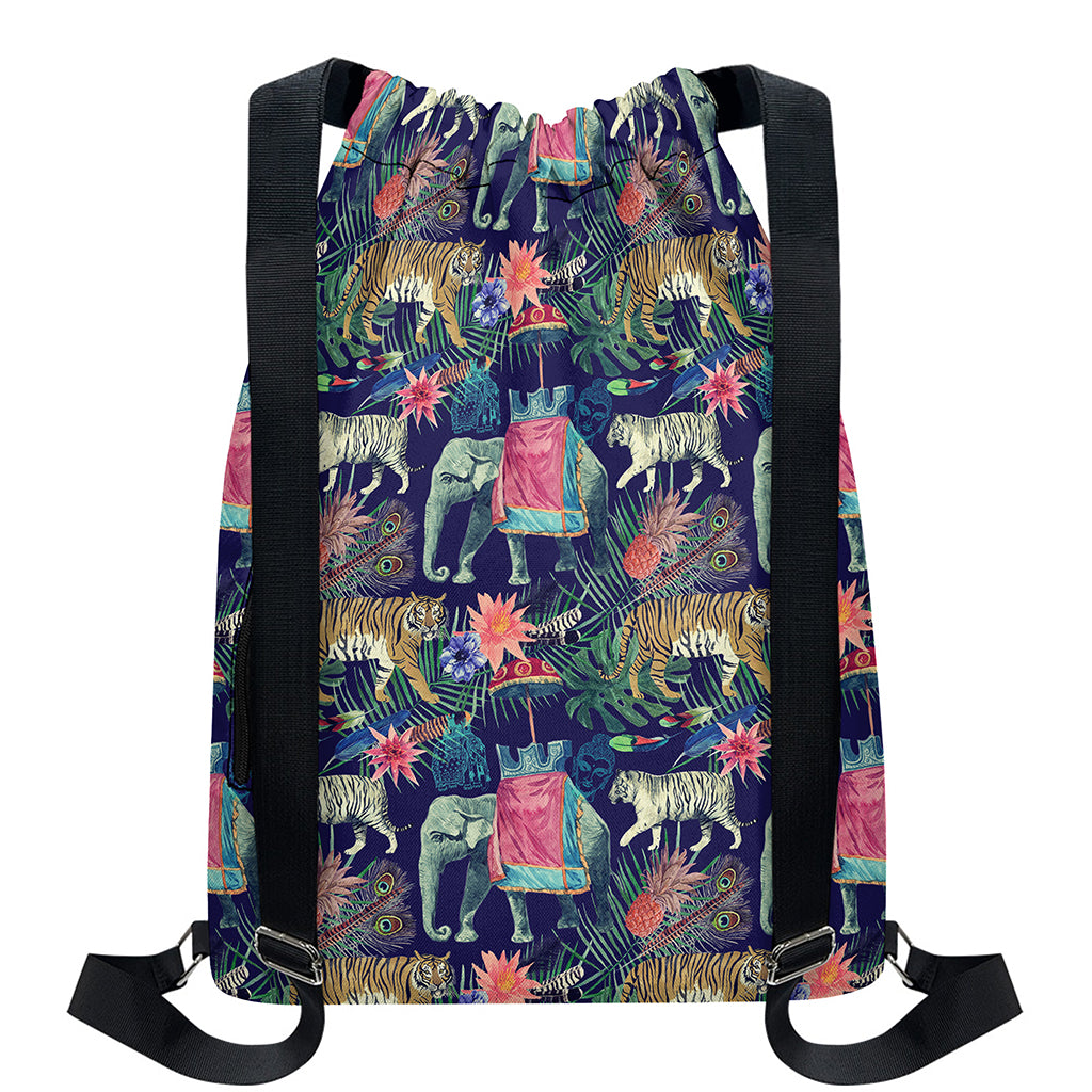 Asian Elephant And Tiger Print Drawstring Backpack