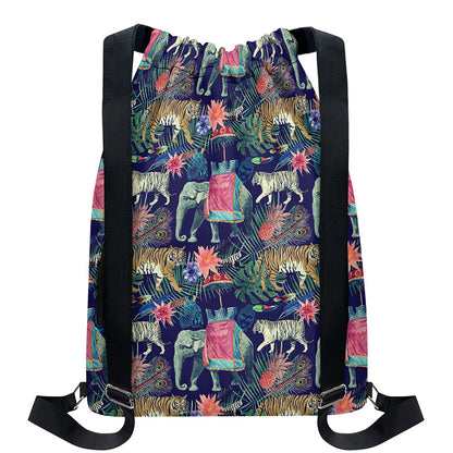 Asian Elephant And Tiger Print Drawstring Backpack