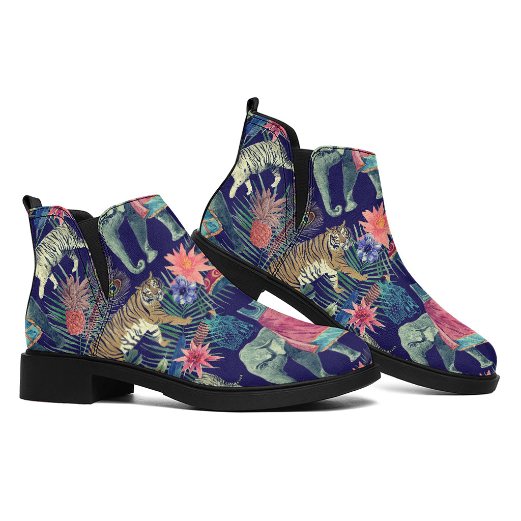 Asian Elephant And Tiger Print Flat Ankle Boots