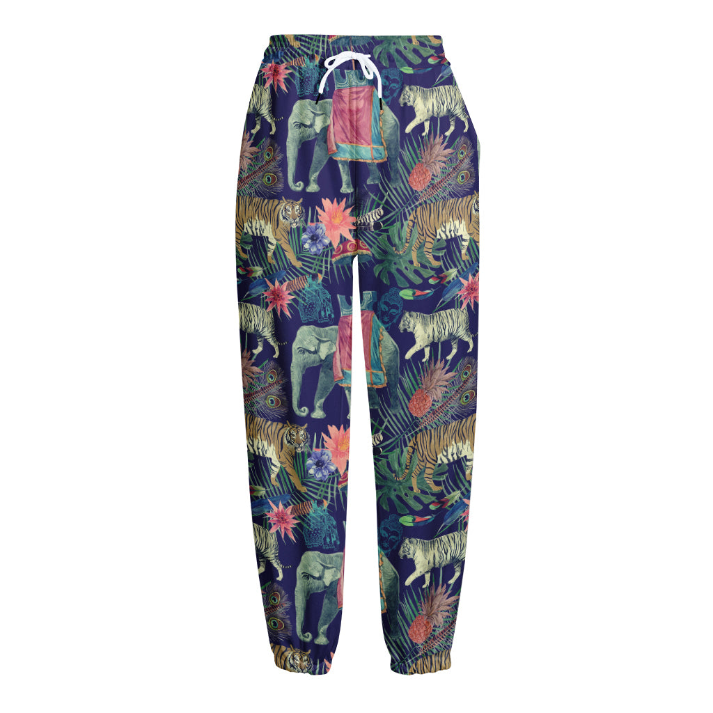 Asian Elephant And Tiger Print Fleece Lined Knit Pants