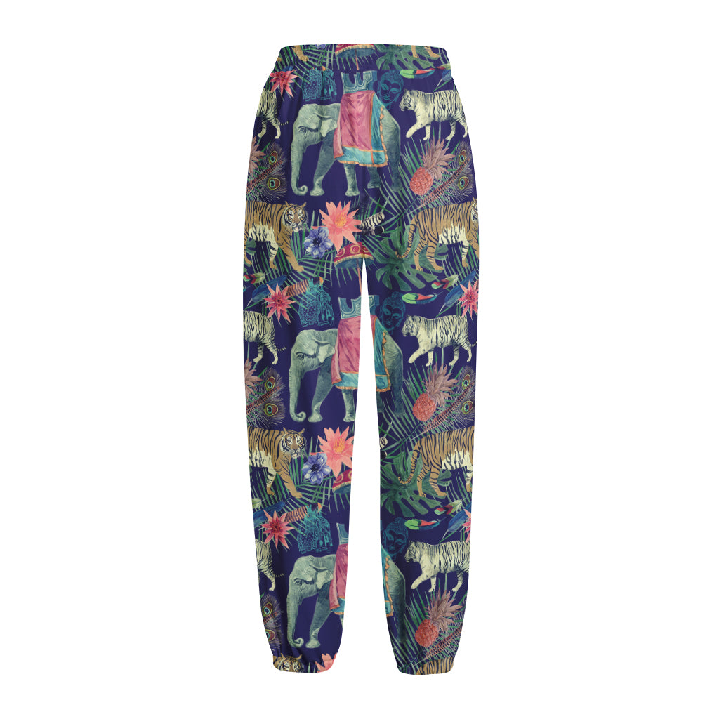 Asian Elephant And Tiger Print Fleece Lined Knit Pants