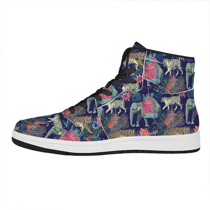 Asian Elephant And Tiger Print High Top Leather Sneakers