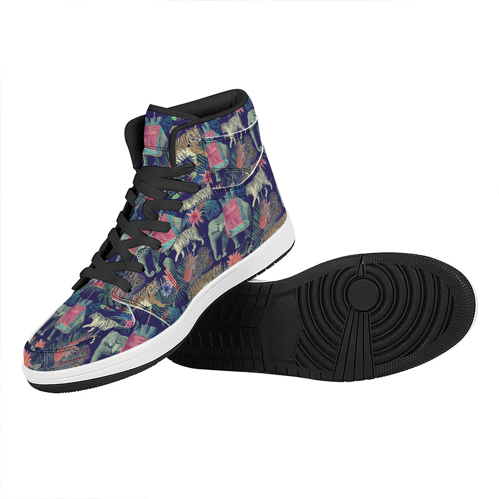 Asian Elephant And Tiger Print High Top Leather Sneakers