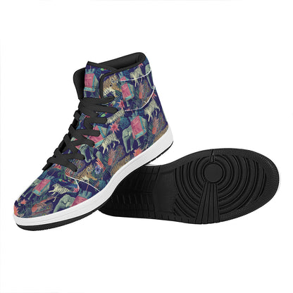 Asian Elephant And Tiger Print High Top Leather Sneakers