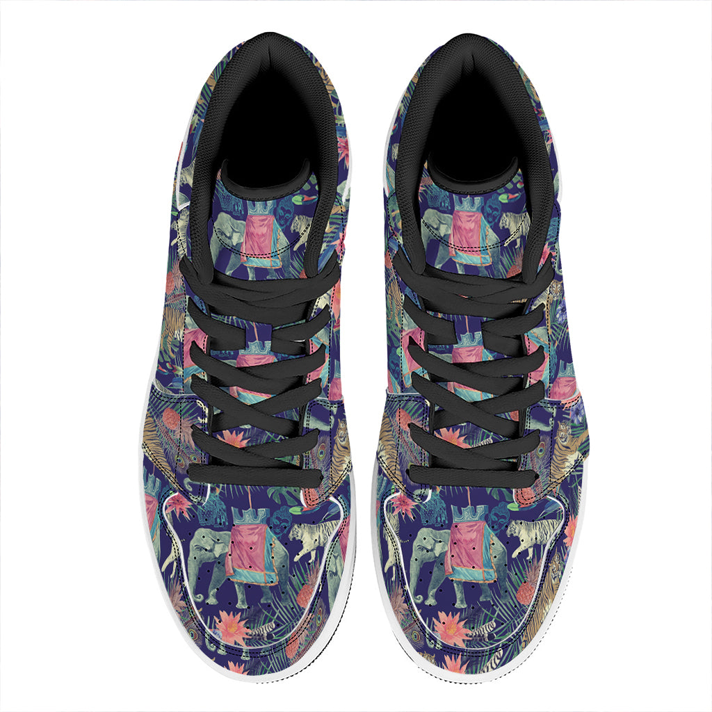 Asian Elephant And Tiger Print High Top Leather Sneakers