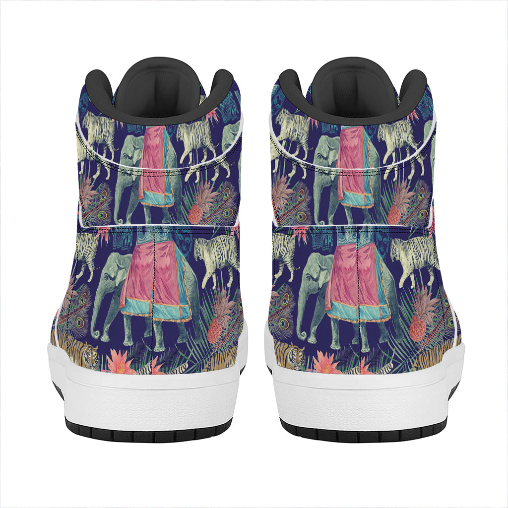Asian Elephant And Tiger Print High Top Leather Sneakers