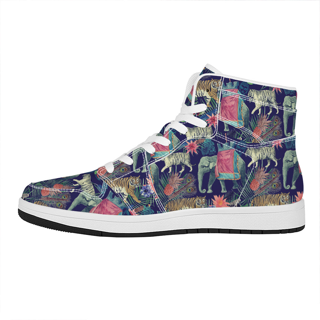 Asian Elephant And Tiger Print High Top Leather Sneakers