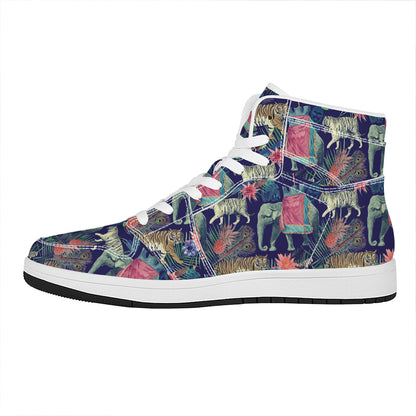 Asian Elephant And Tiger Print High Top Leather Sneakers