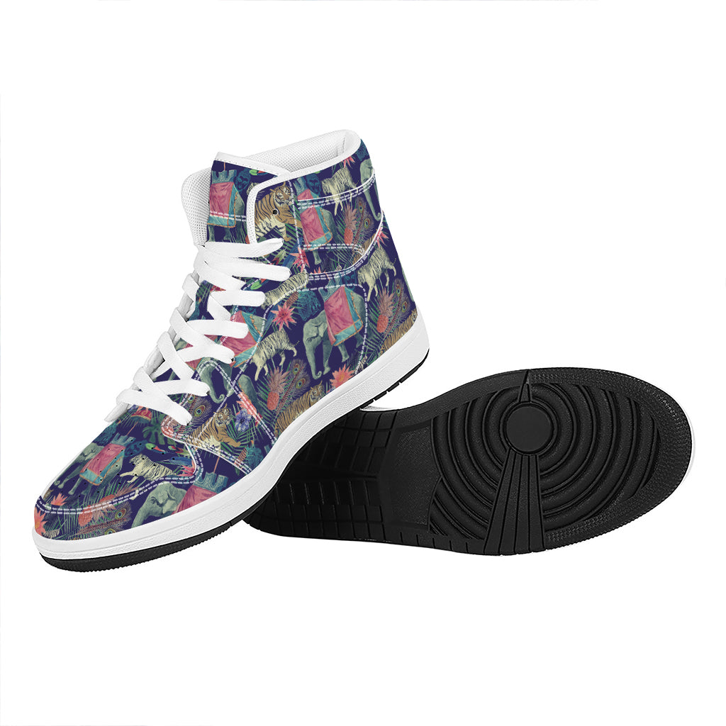 Asian Elephant And Tiger Print High Top Leather Sneakers