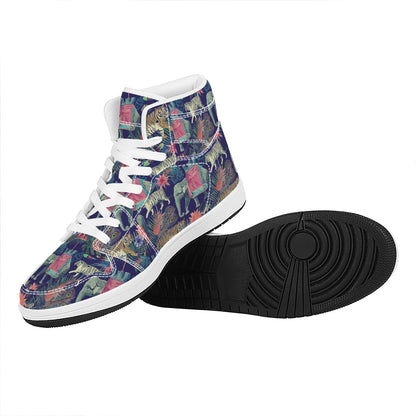 Asian Elephant And Tiger Print High Top Leather Sneakers