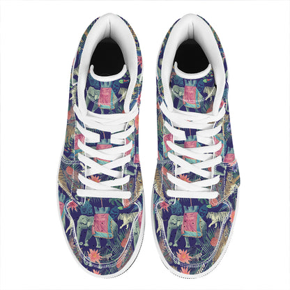 Asian Elephant And Tiger Print High Top Leather Sneakers