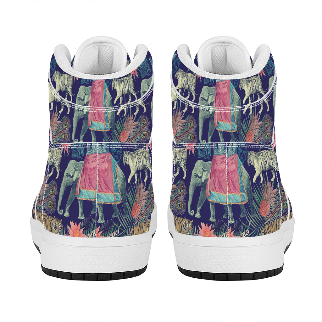 Asian Elephant And Tiger Print High Top Leather Sneakers