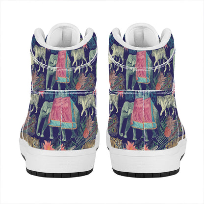 Asian Elephant And Tiger Print High Top Leather Sneakers