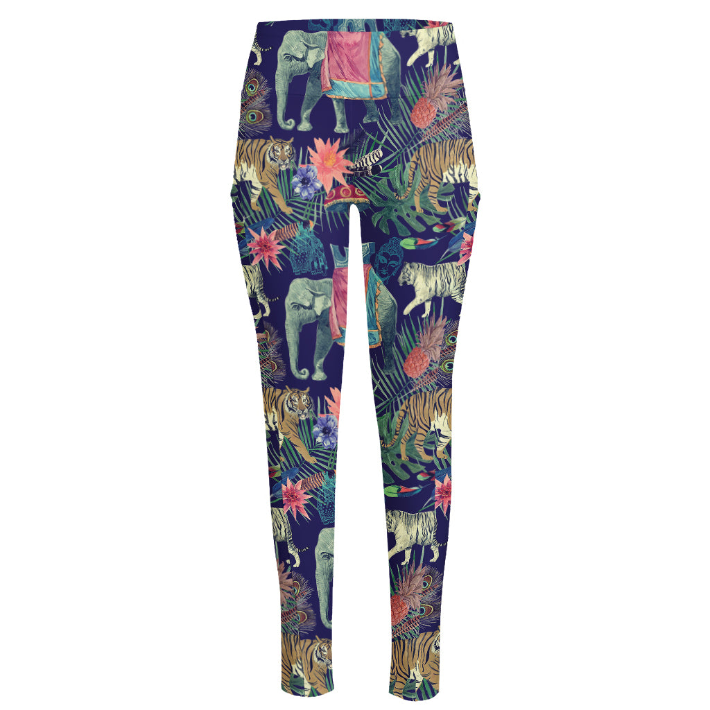 Asian Elephant And Tiger Print High-Waisted Pocket Leggings