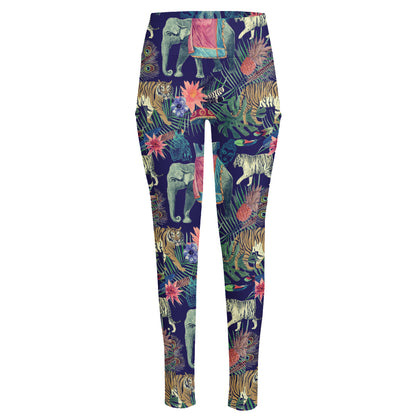 Asian Elephant And Tiger Print High-Waisted Pocket Leggings