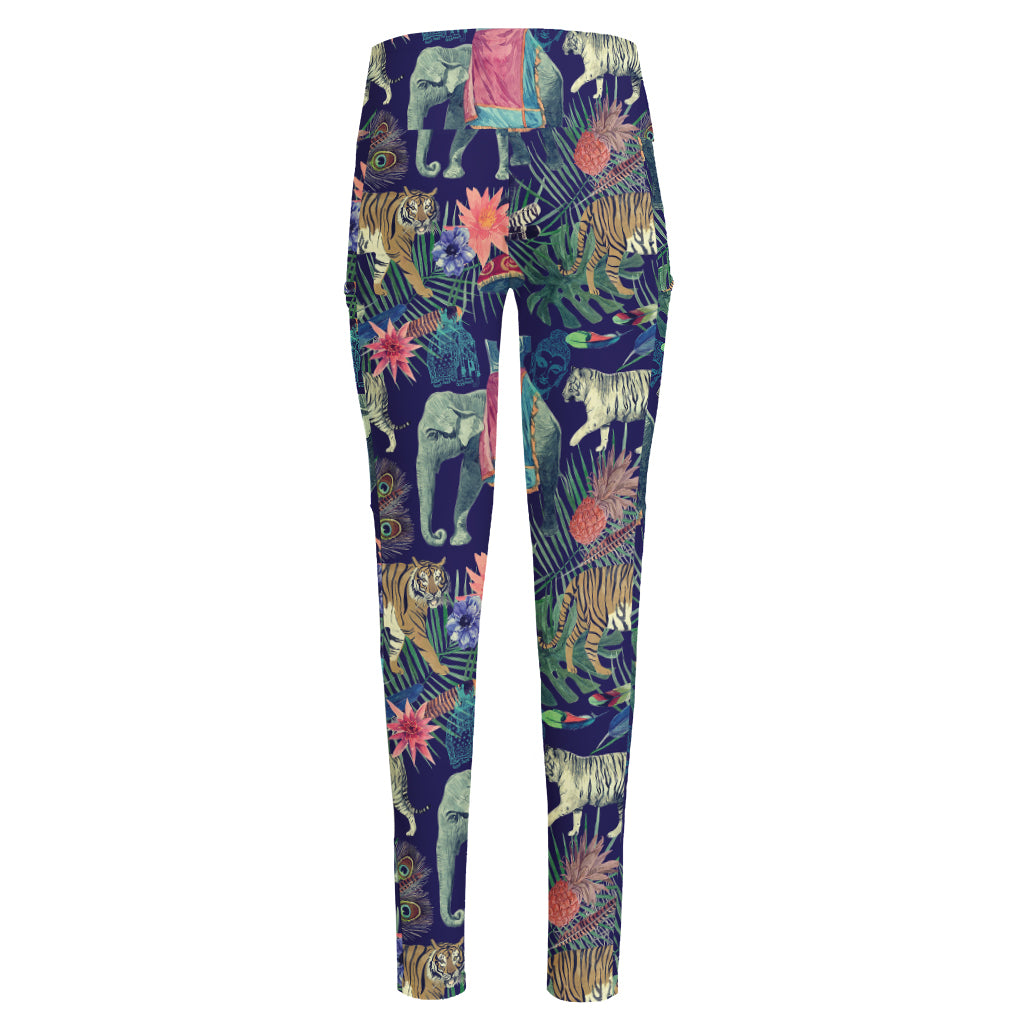 Asian Elephant And Tiger Print High-Waisted Pocket Leggings