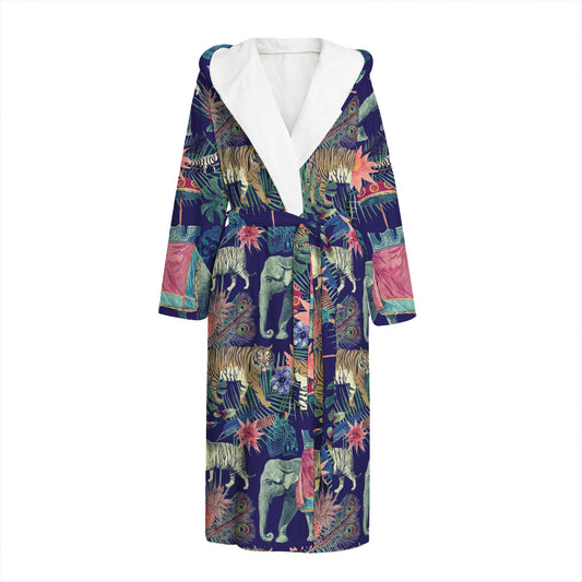 Asian Elephant And Tiger Print Hooded Bathrobe