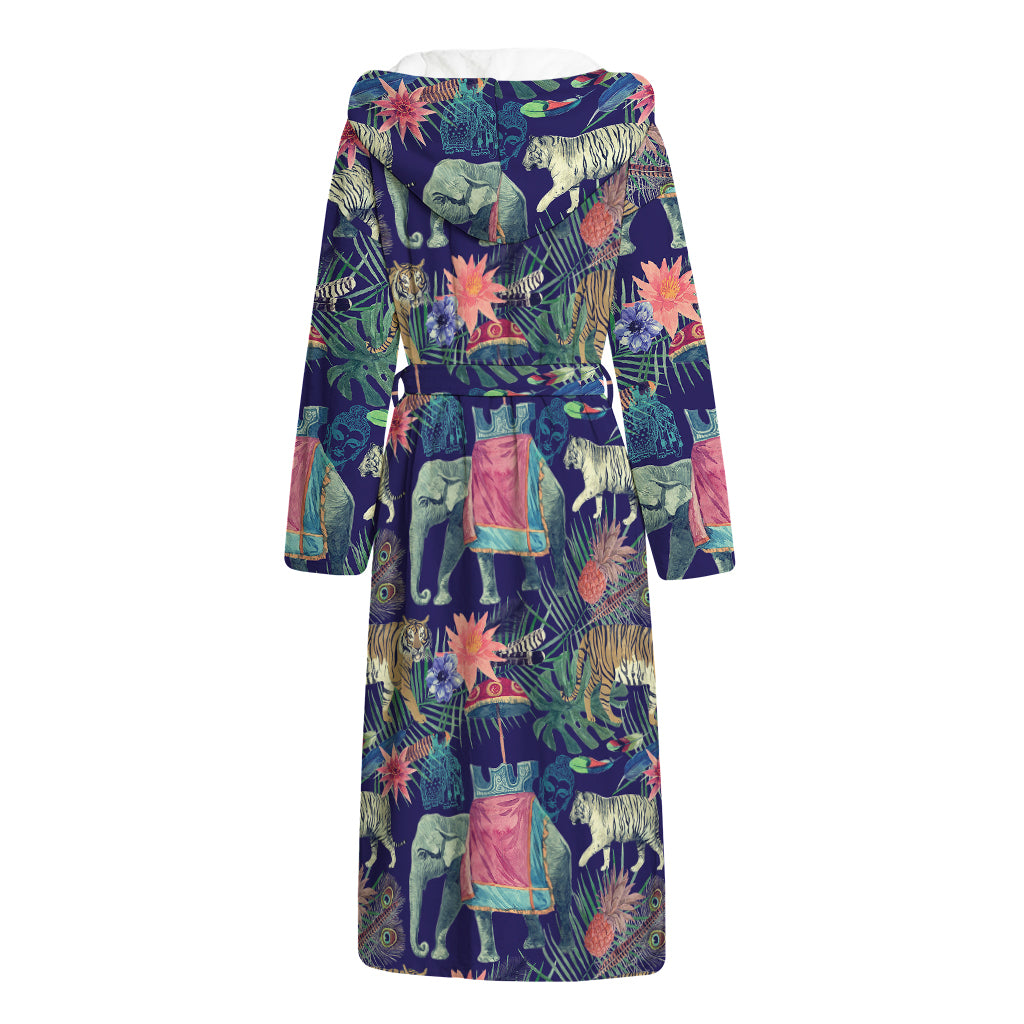 Asian Elephant And Tiger Print Hooded Bathrobe