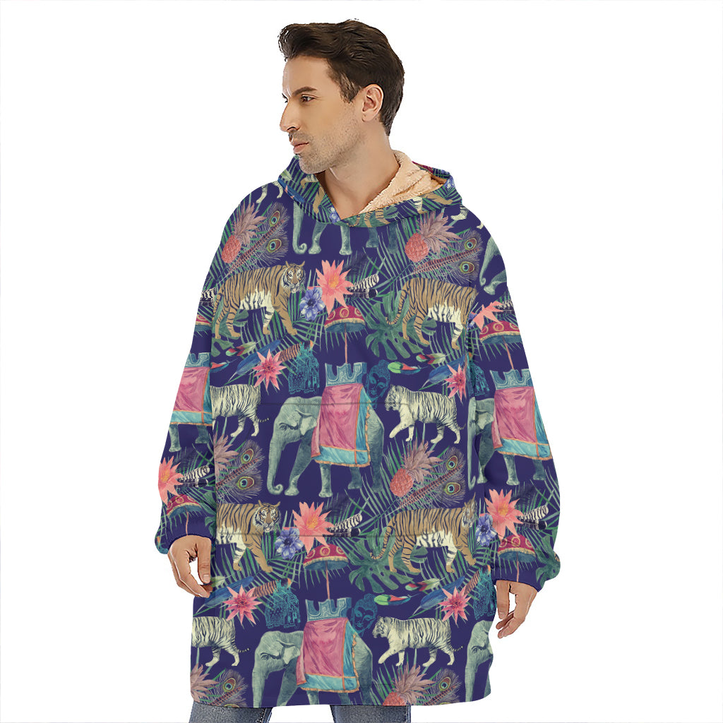 Asian Elephant And Tiger Print Hoodie Blanket
