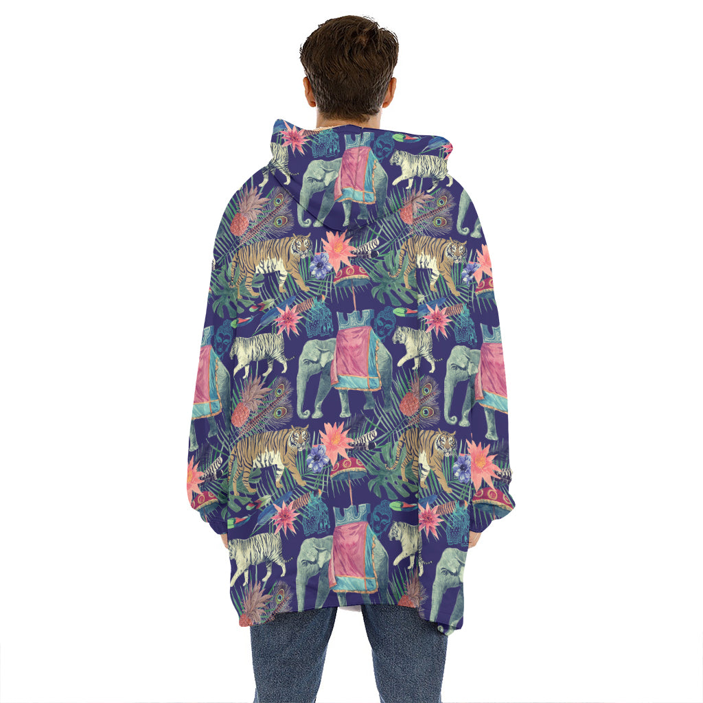 Asian Elephant And Tiger Print Hoodie Blanket