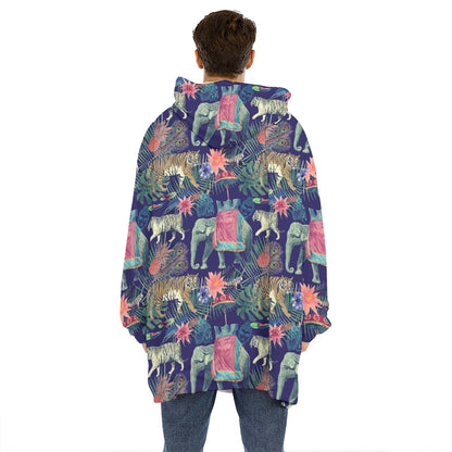 Asian Elephant And Tiger Print Hoodie Blanket