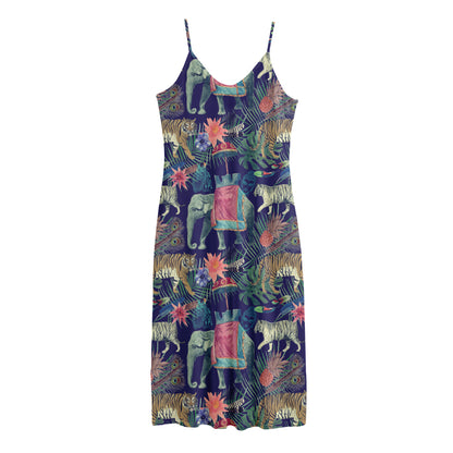 Asian Elephant And Tiger Print Jersey Midi Cami Dress
