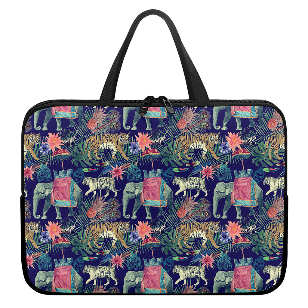 Asian Elephant And Tiger Print Laptop Sleeve With Handle