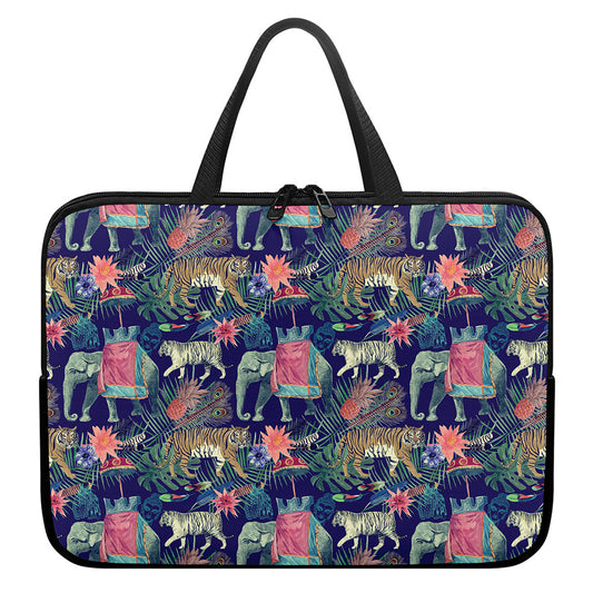 Asian Elephant And Tiger Print Laptop Sleeve With Handle