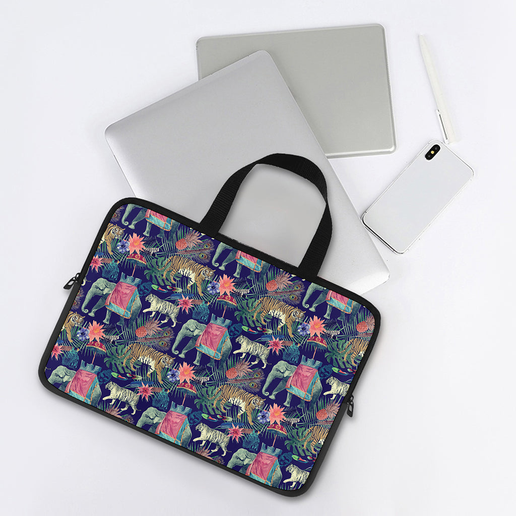 Asian Elephant And Tiger Print Laptop Sleeve With Handle