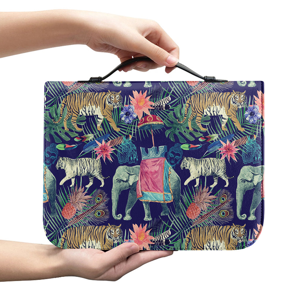 Asian Elephant And Tiger Print Leather Bible Cover