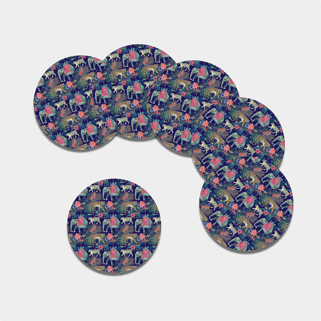 Asian Elephant And Tiger Print Leather Coaster Set